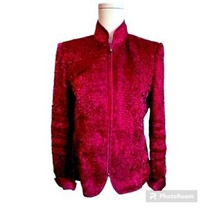 Victor Costa Vintage Red Floral Jewel Pull
Zip Up Long Sleeve Satin Jacket Sz 8